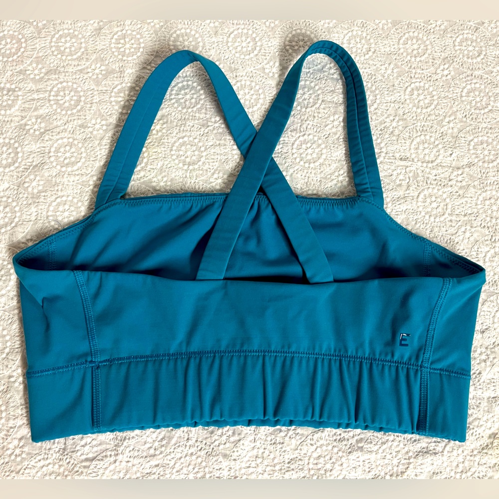 Everlane Perform Sports Bra, women’s size Small, Deep Sea Blue/Teal; Cross strap